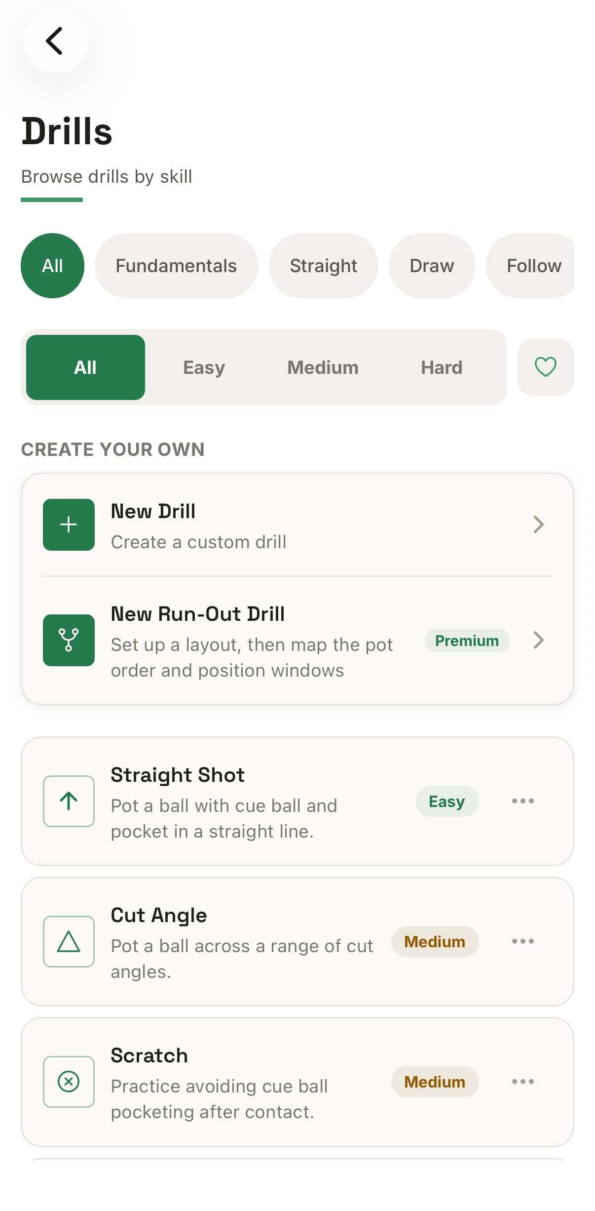 Billiab's Browse Drills screen, with category filters, difficulty badges, and a list of drills including Straight Shot, Cut Angle, and Scratch.