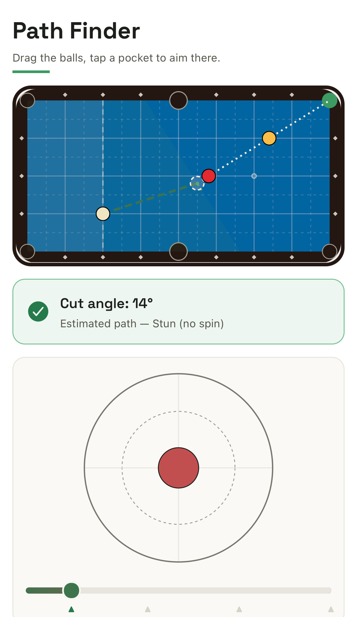 Billiab's Path Finder screen, showing a pool table with a drawn shot path, a 14-degree cut angle readout, and a spin control.