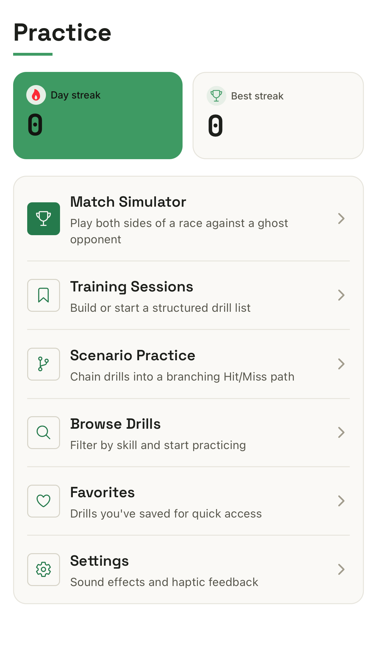 Billiab's Practice home screen, listing Match Simulator, Training Sessions, Scenario Practice, Browse Drills, Favorites, and Settings.